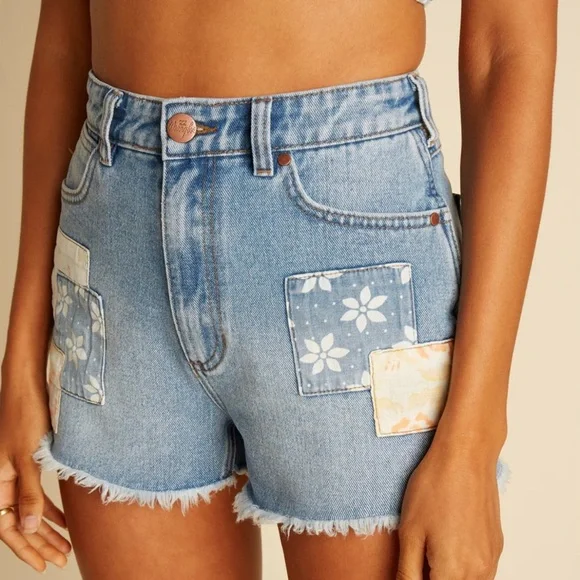 Wrangler & Billabong collaboration patchwork denim Jean Shorts with High Waist.
